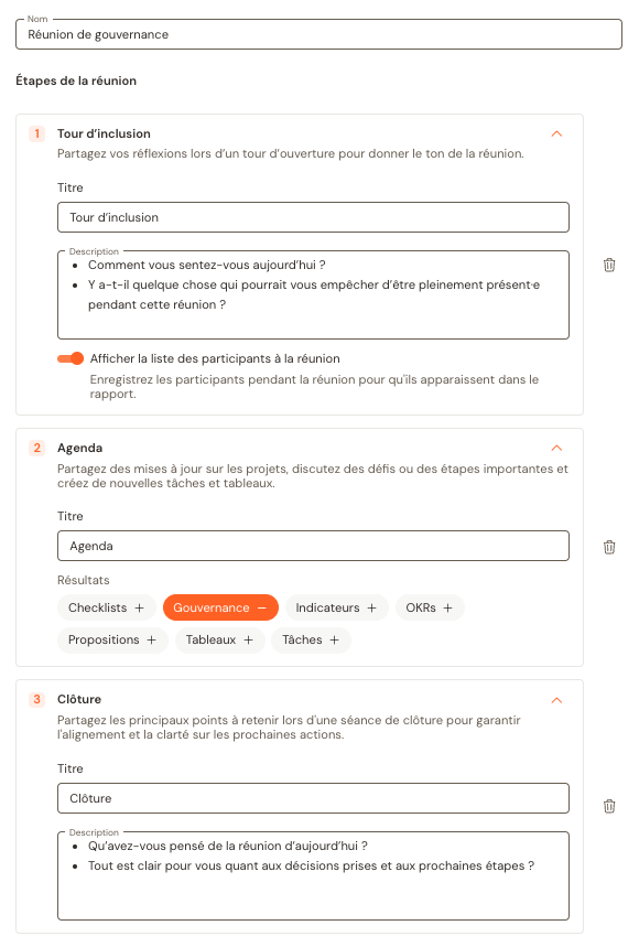 Création des étapes clés d'une réunion de gouvernance sur Talkspirit