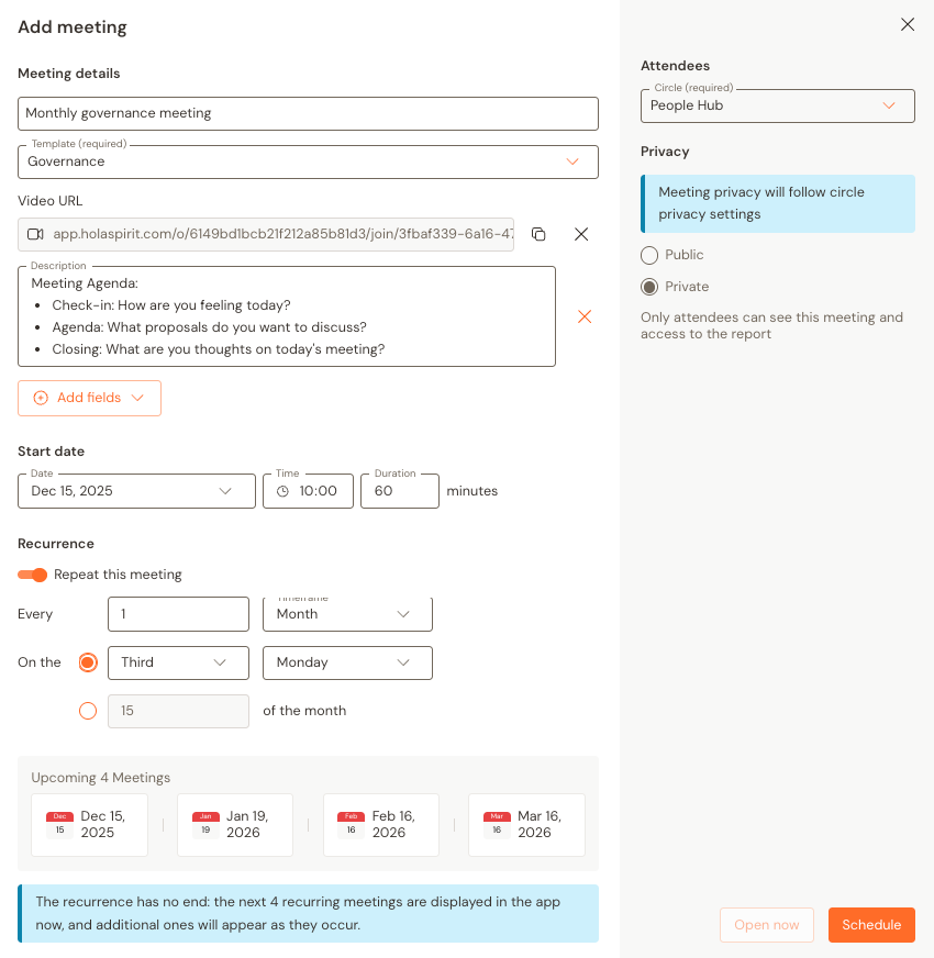 Scheduling governance meetings on Talkspirit
