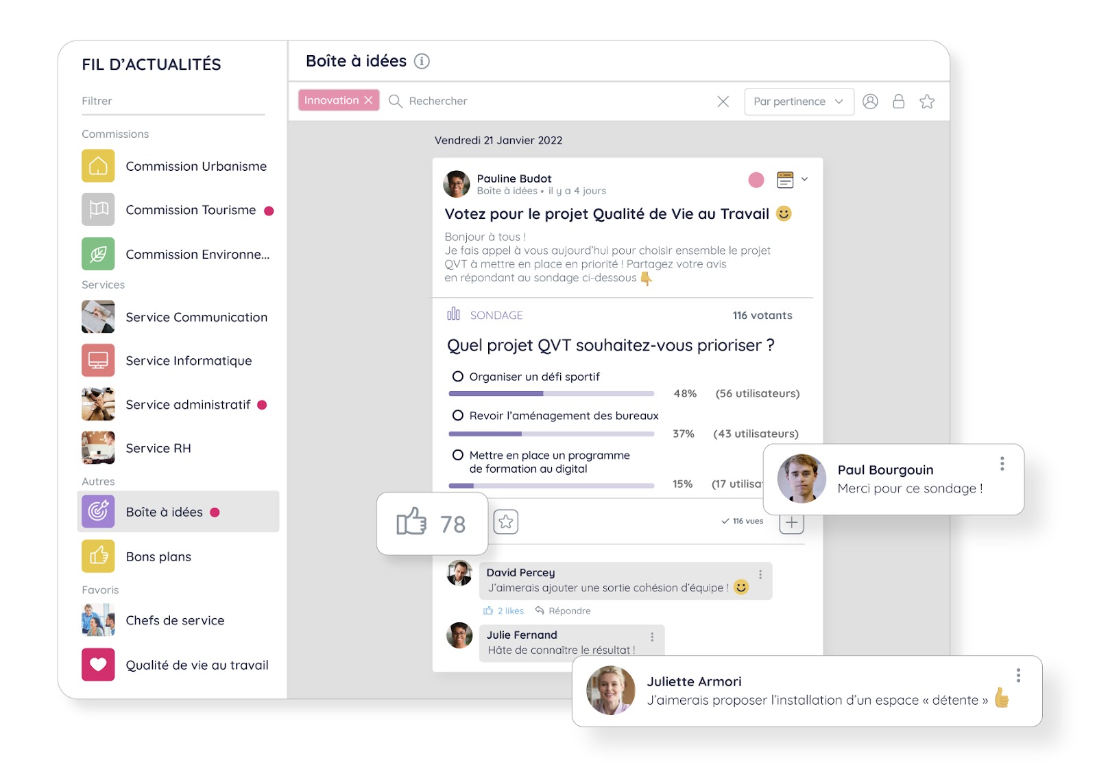 Fil d'actualités et sondages sur Talkspirit pour rendre la communication interne plus interactive