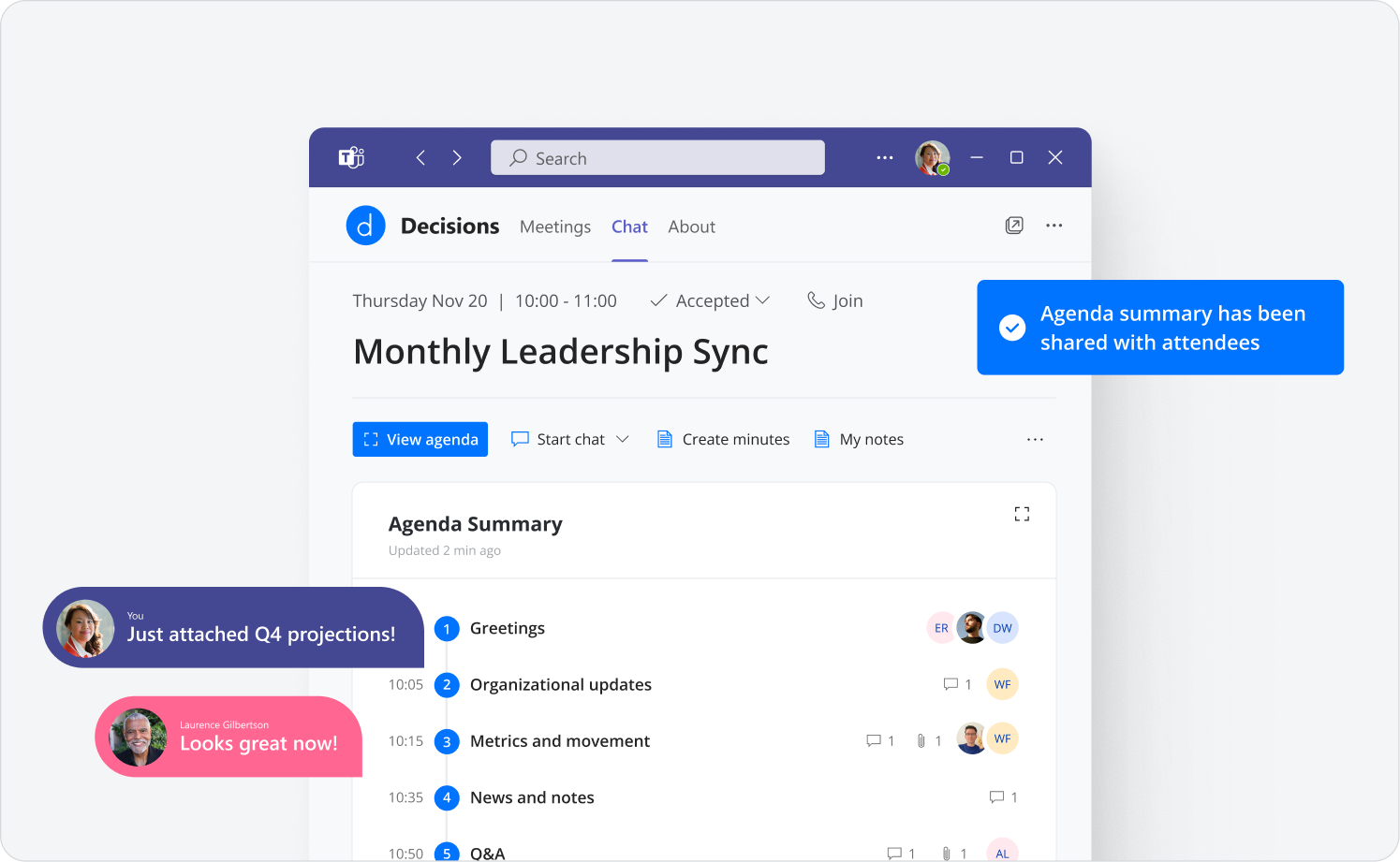 Interface de réunions de la plateforme Decisions
