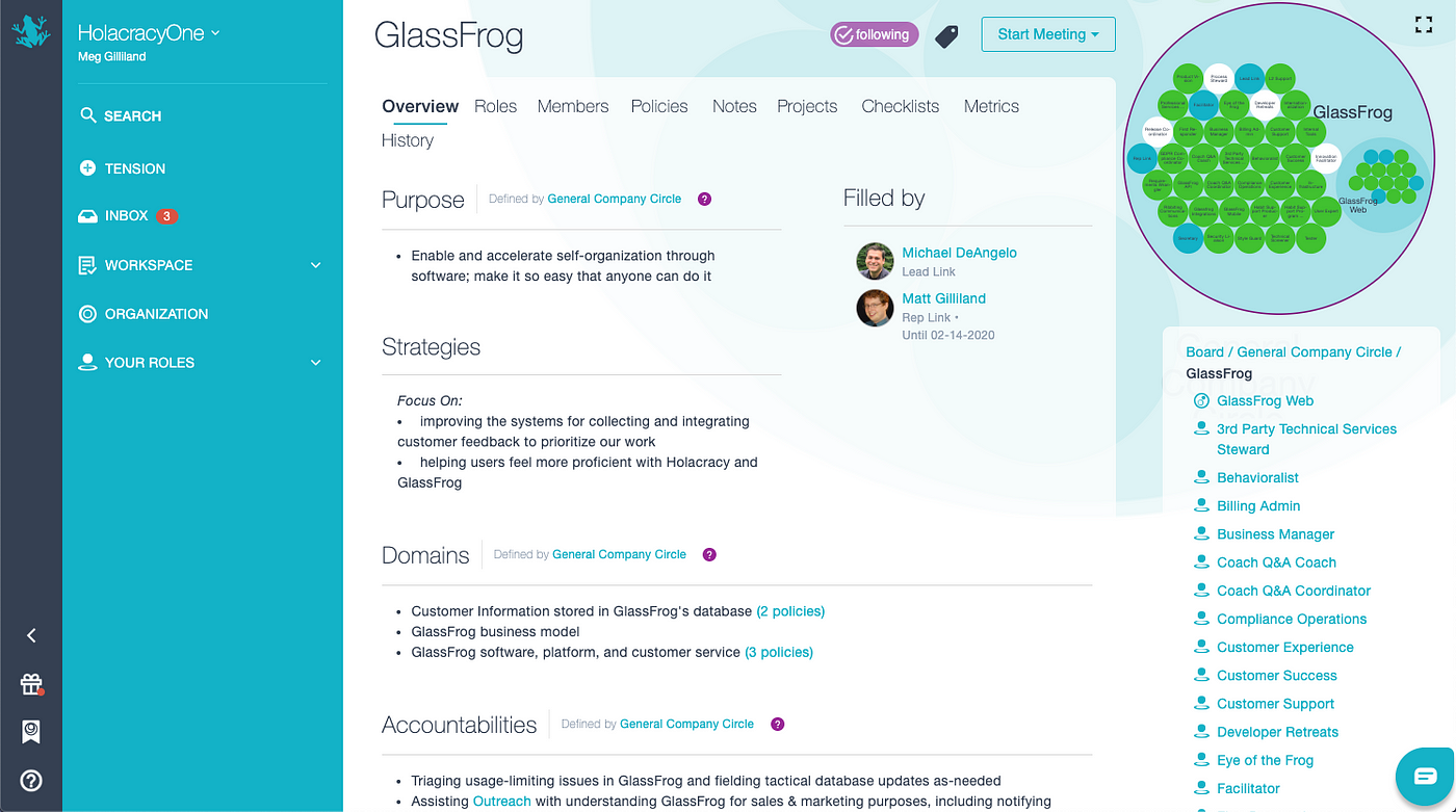 Inteface de Glassfrog, un des outils de self-management tout-en-un