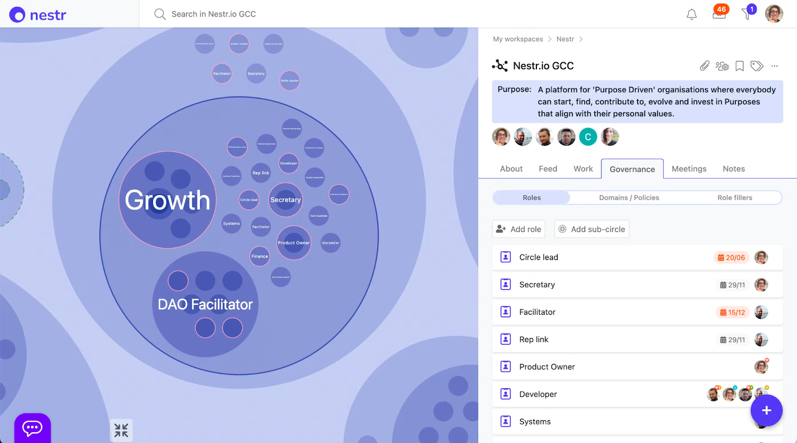 Interface de Nestr, avec zoom sur la partie gouvernance qui intègre de outils de self-management