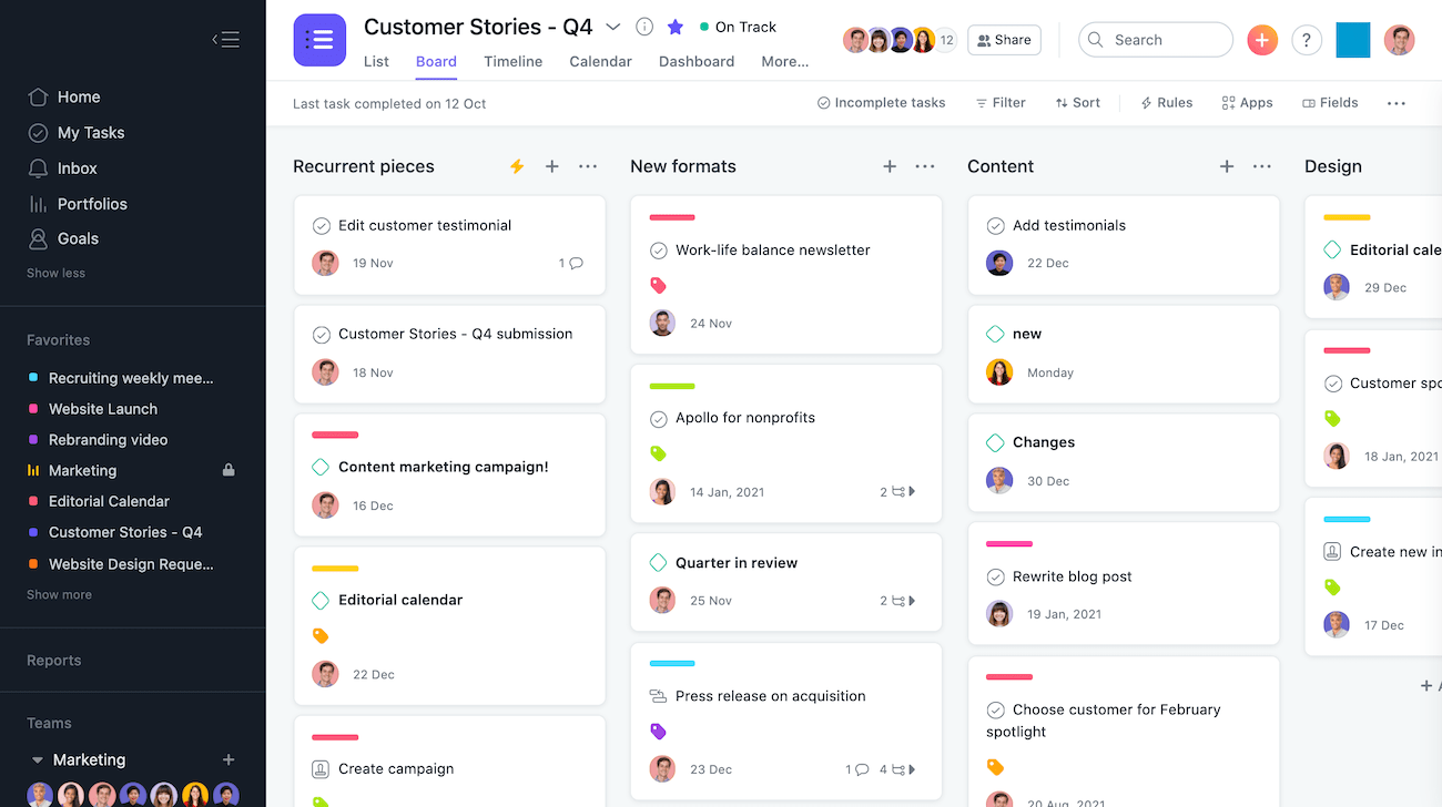 Project board on Asana, one of the self-management tools best for project management