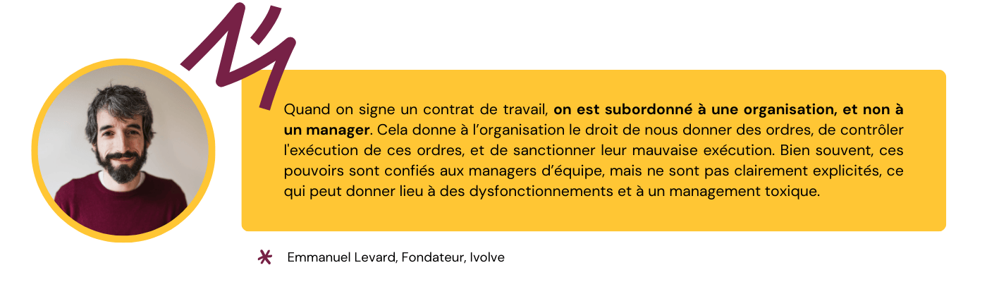 Citation d'Emmanuel Levard sur la relation de subordination qui lie l'organisation à l'employé, et le fait que