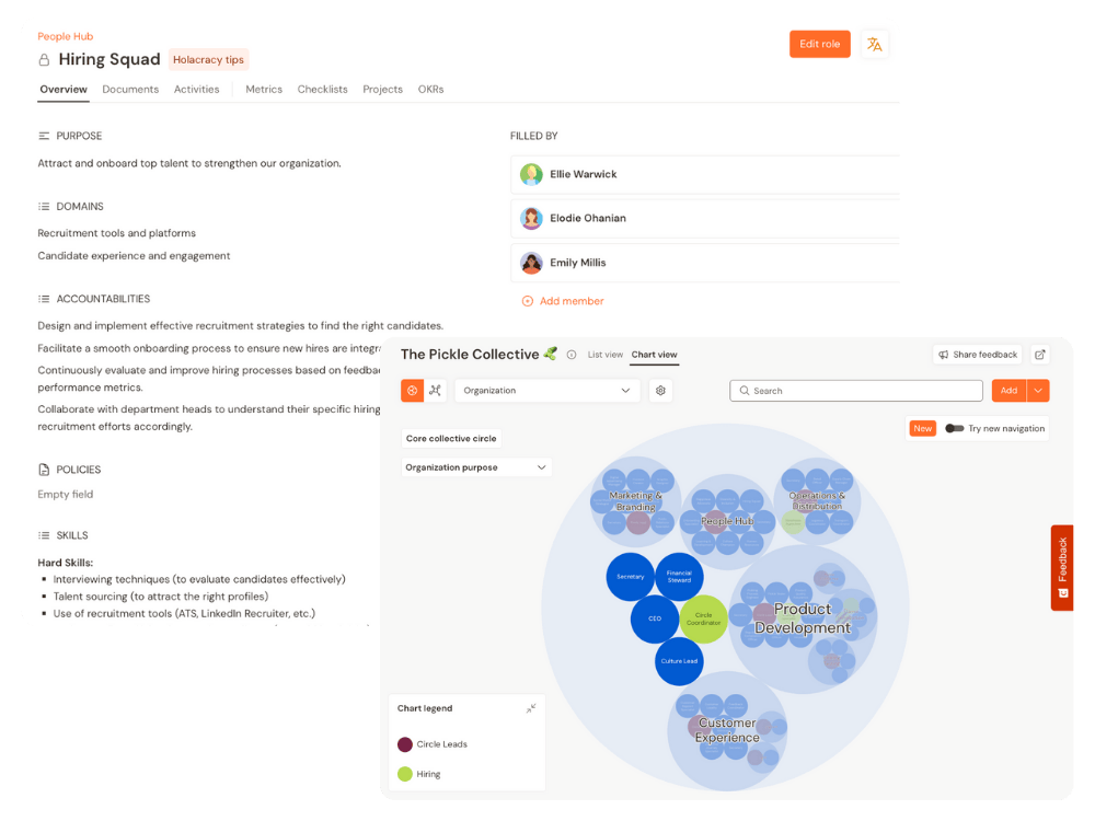 Screenshots of the Talkspirit platform that show how to define clear roles and visualize the organizational structure