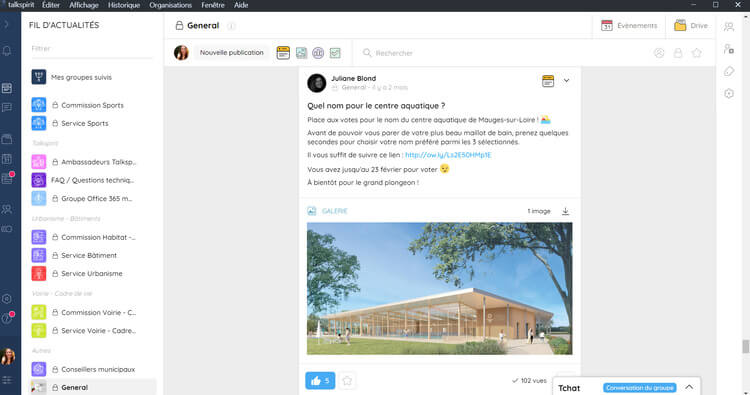 Publication pour choisir le nom du centre aquatique sur la plateforme Talkspirit de la mairie de Mauges-sur-Loire