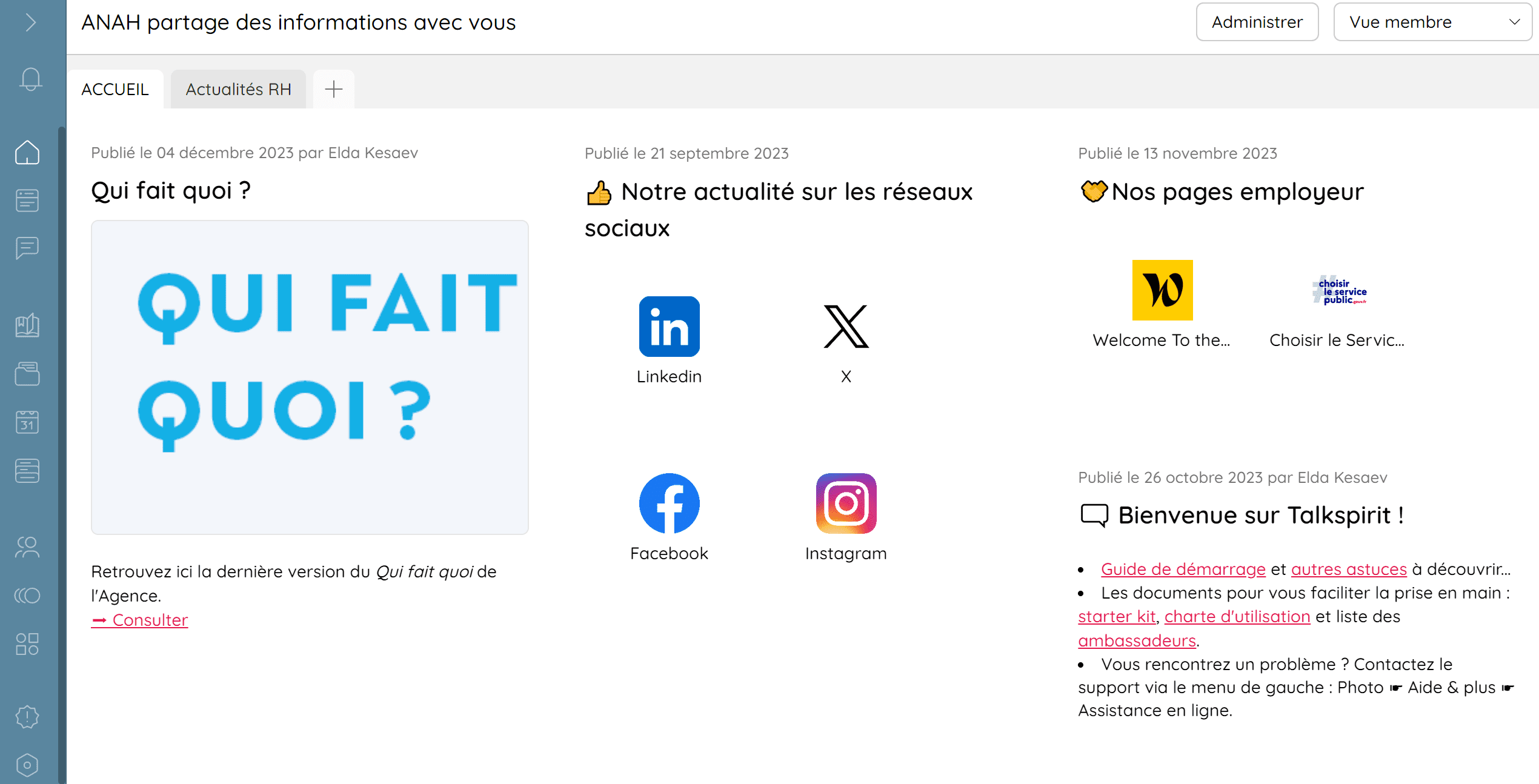 Portail d'accueil de l'ANAH qui sert à partager les communications internes et actualités