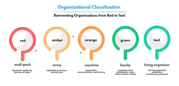 the fives stages of organizational development as described by Frederic Laloux, including the last which is the teal organization