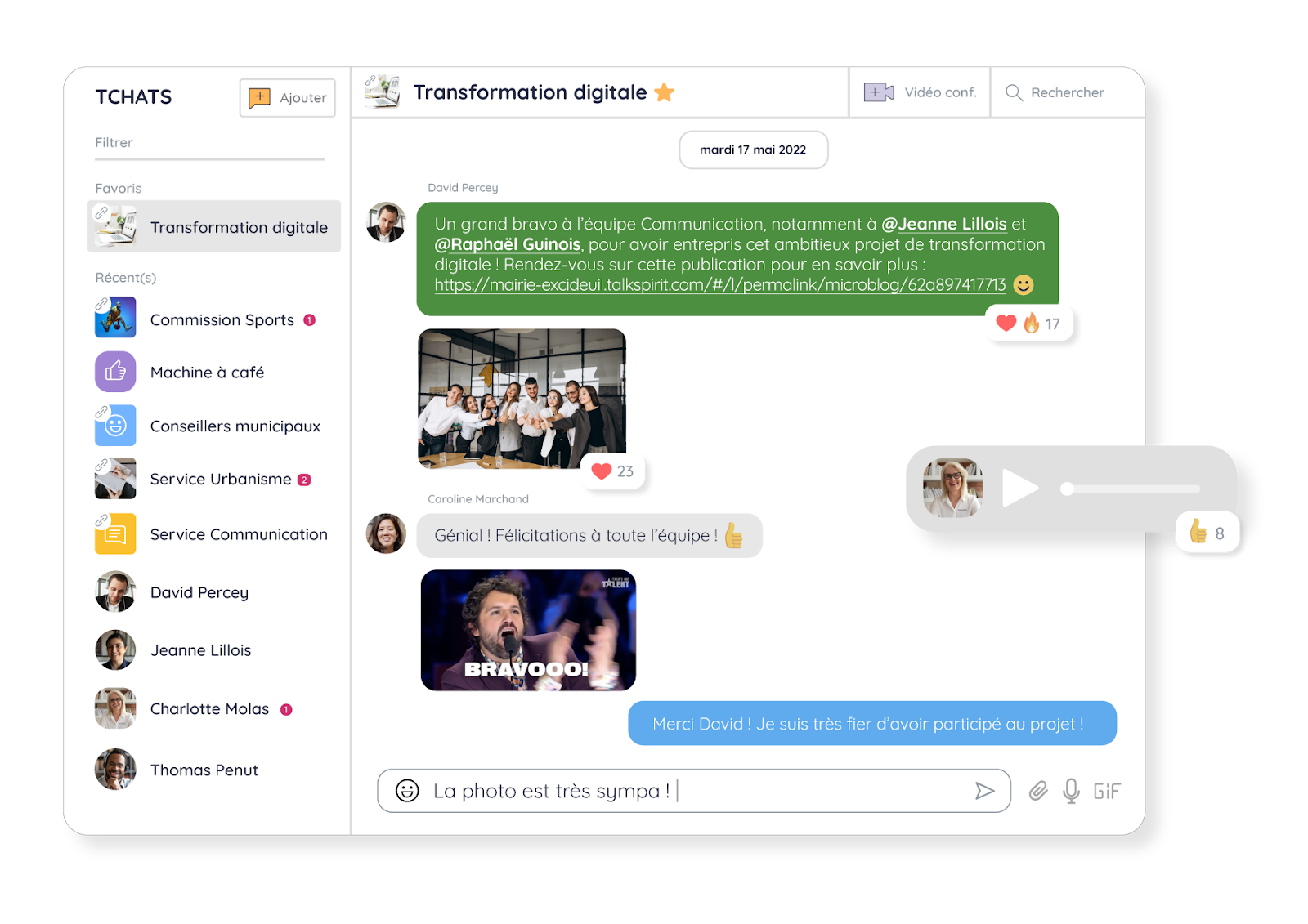 Example conversation on Talkspirit within a company community focused on digital transformation