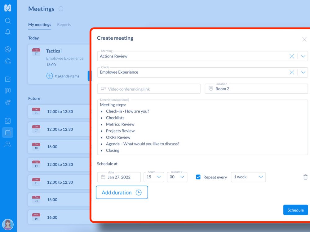 Illustration that illustrates meetings templates on Holaspirit for organizations that want to practice self-management