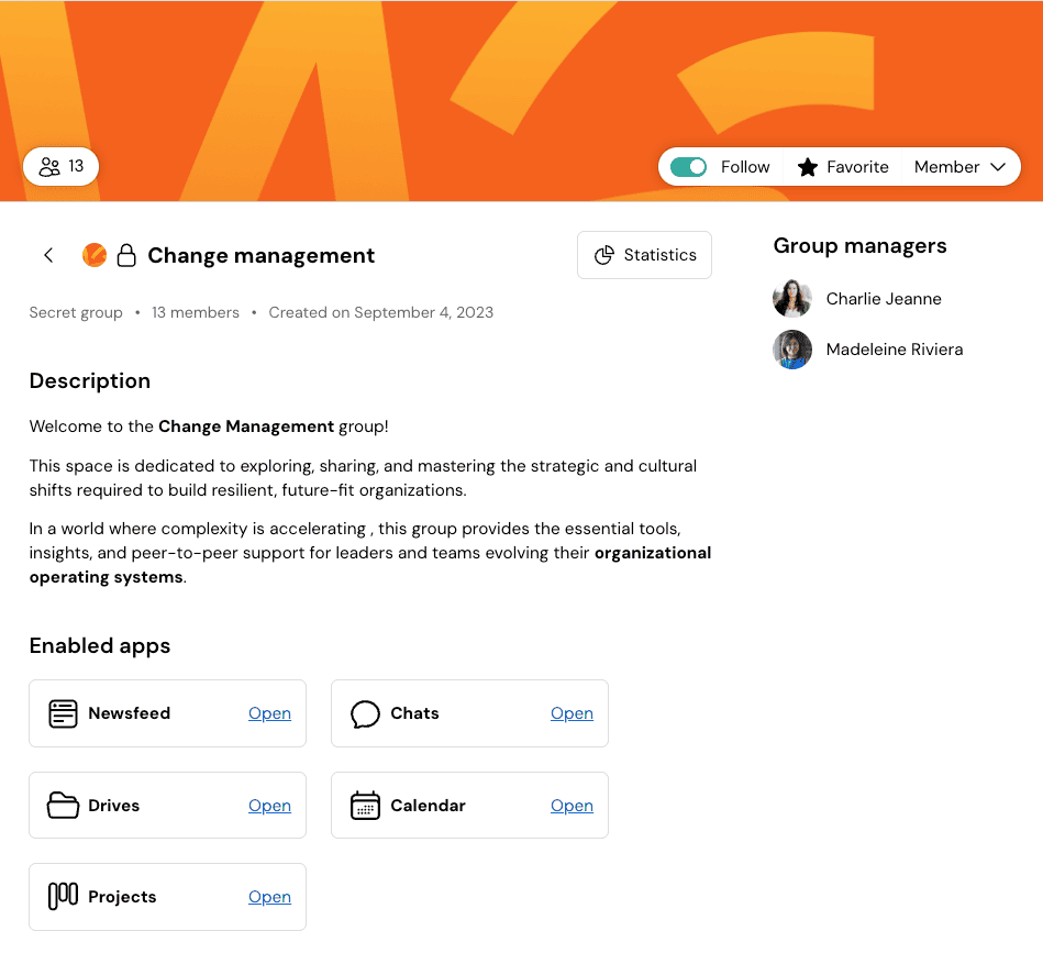 Creating a group on change management on Talkspirit