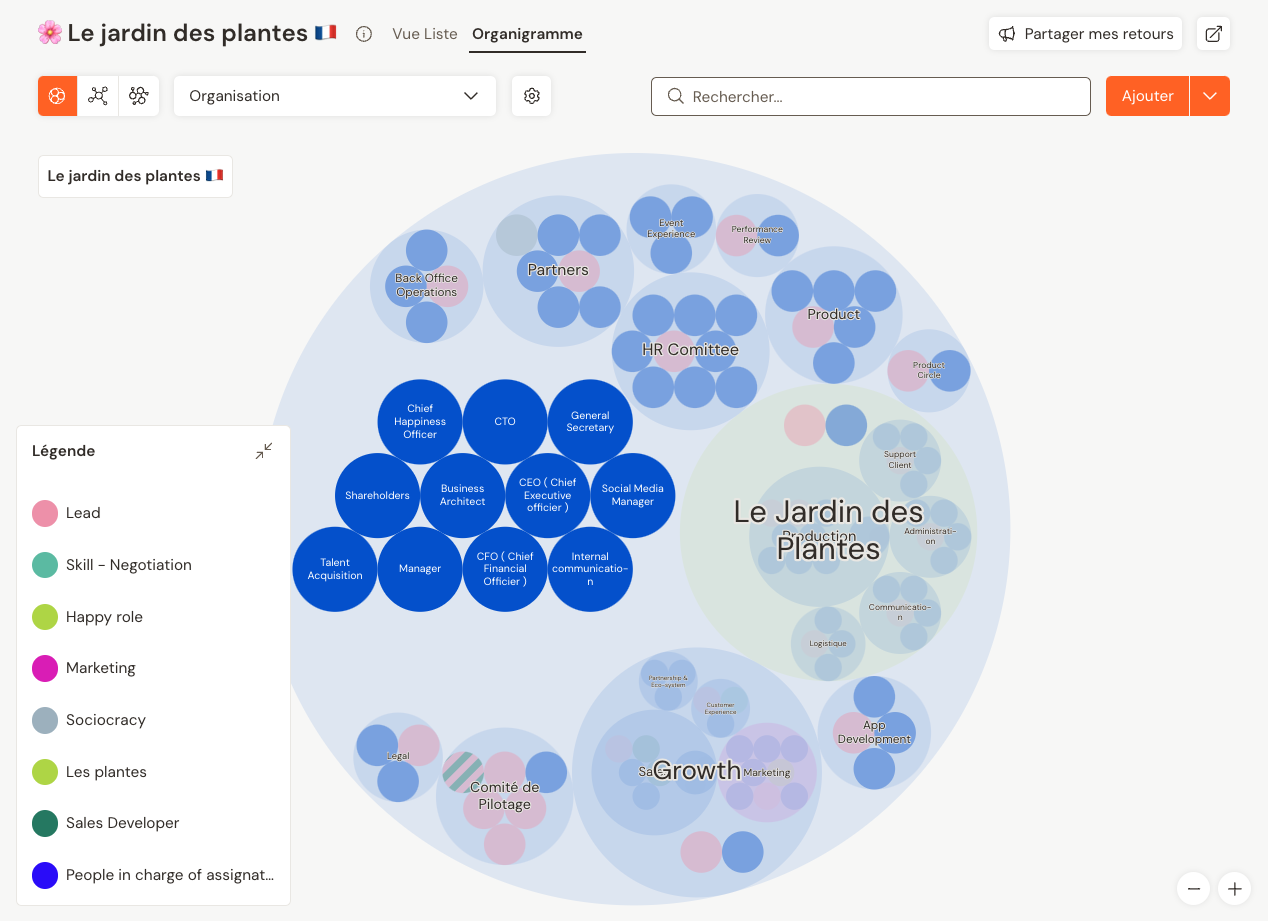 Vue de l'organigramme d'une organisation en sociocratie sur Talkspirit