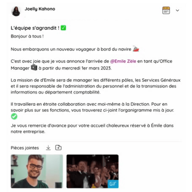 Exemple de publication sur Talkspirit pour annoncer un arrivée et bien intégrer un nouveau collaborateur