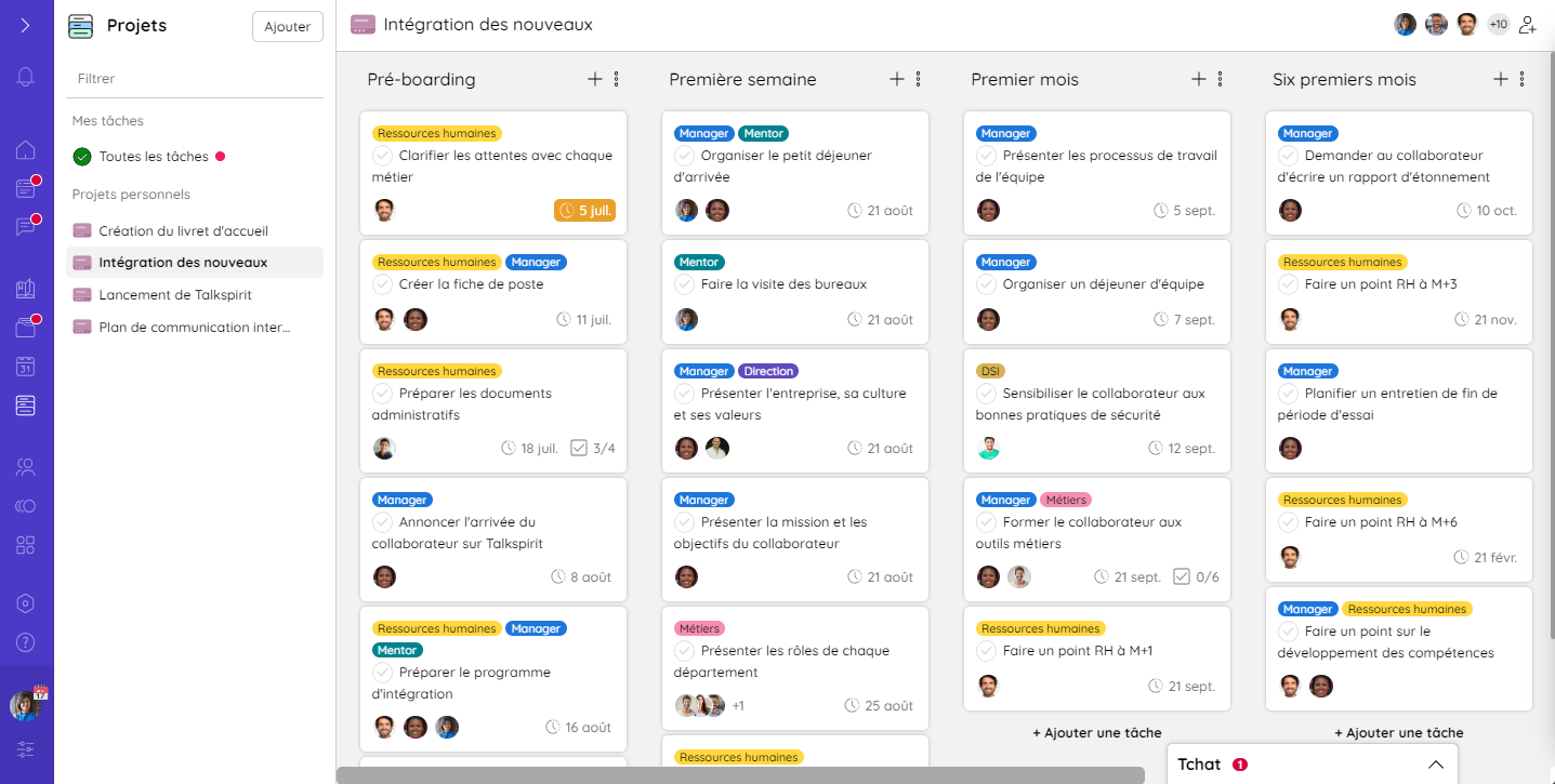 Exemple de tableau Projets sur Talkspirit pour intégrer un nouveau collaborateur dans l'entreprise