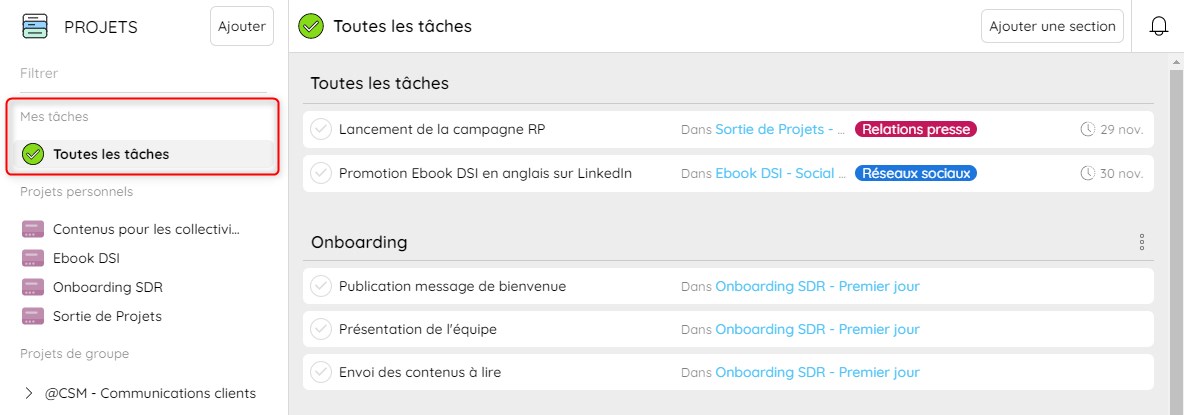 Rubrique "mes tâches" de Projets, le nouveau module de gestion de projet