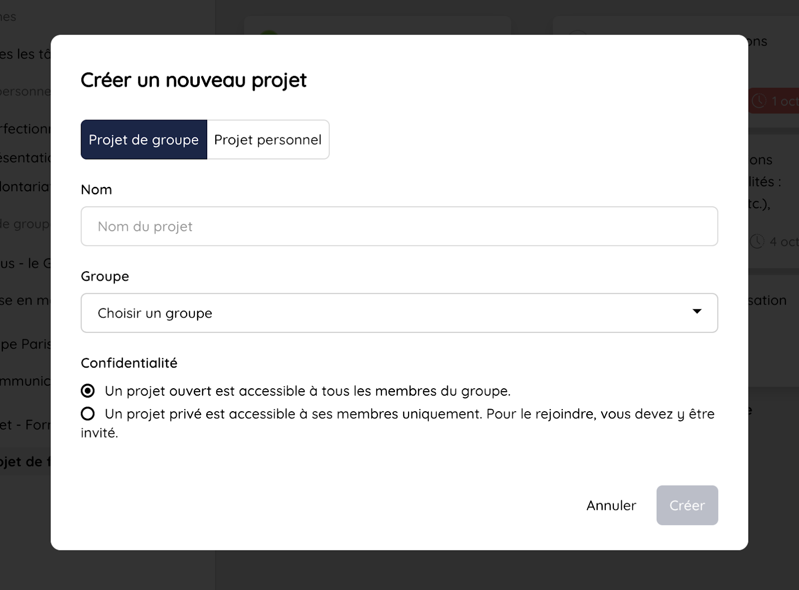 Créer un nouveau projet de groupe ou personnel ou personnel sur Talkspirit