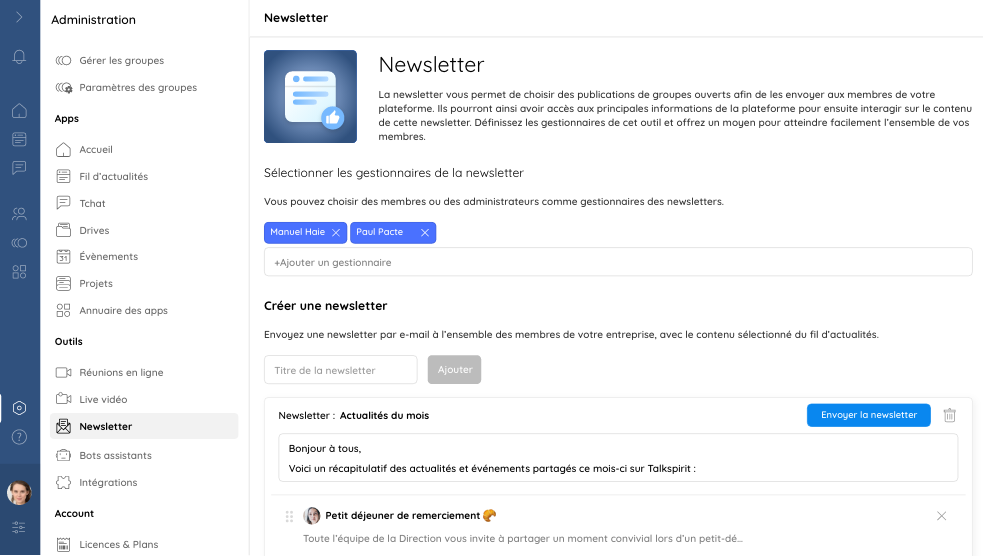 Aperçu de la vue administrateur du module newsletter interne