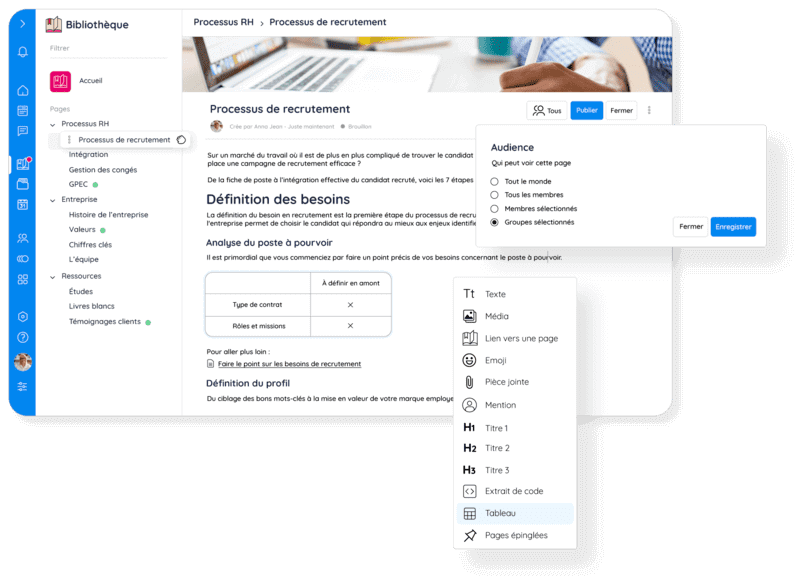 Manager view of a Talkspirit library page, the best alternative to Steeple
