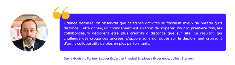 Citation de David Gautron sur le rôle central du travail hybride, et son impact sur la créativité
