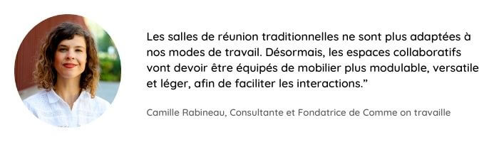 Citation de Camille Rabineau sur la tendance d'aménagement des bureaux relative au mobilier modulable