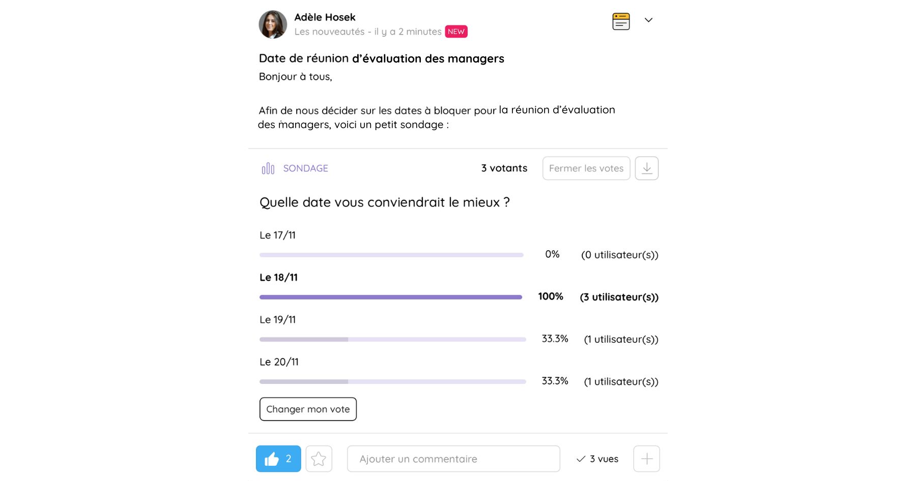 Exemple de sondage sur Talkspirit pour mettre en application le management bienveillant