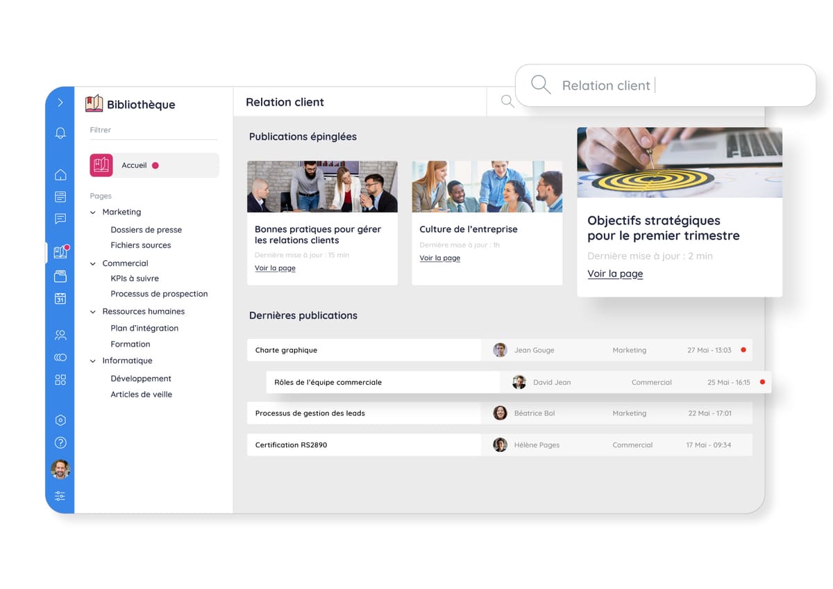 Interface de Talkspirit mettant en avant la fonctionnalité bibliothèque de contenus qui sert à capitaliser les connaissances