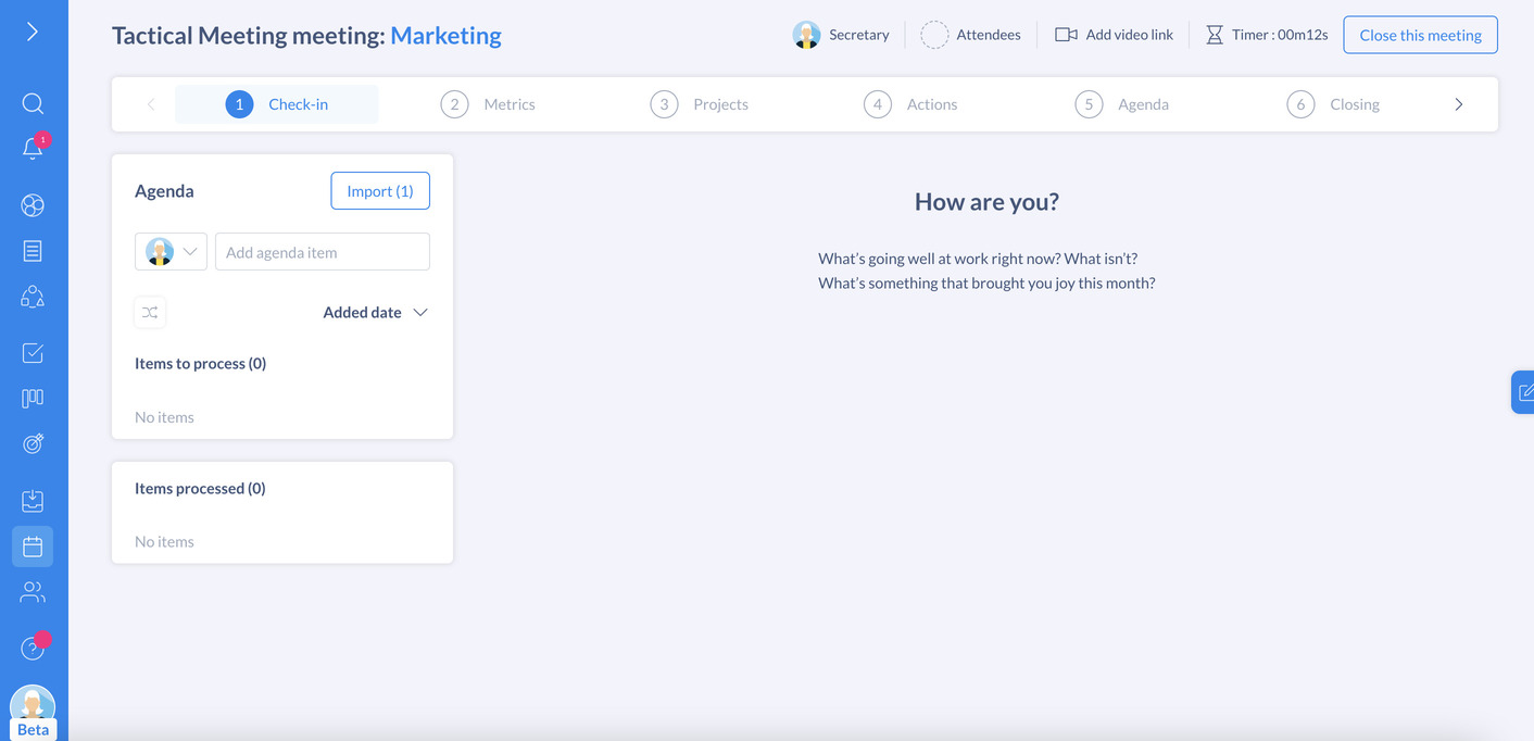 Check-in meeting template with Holaspirit