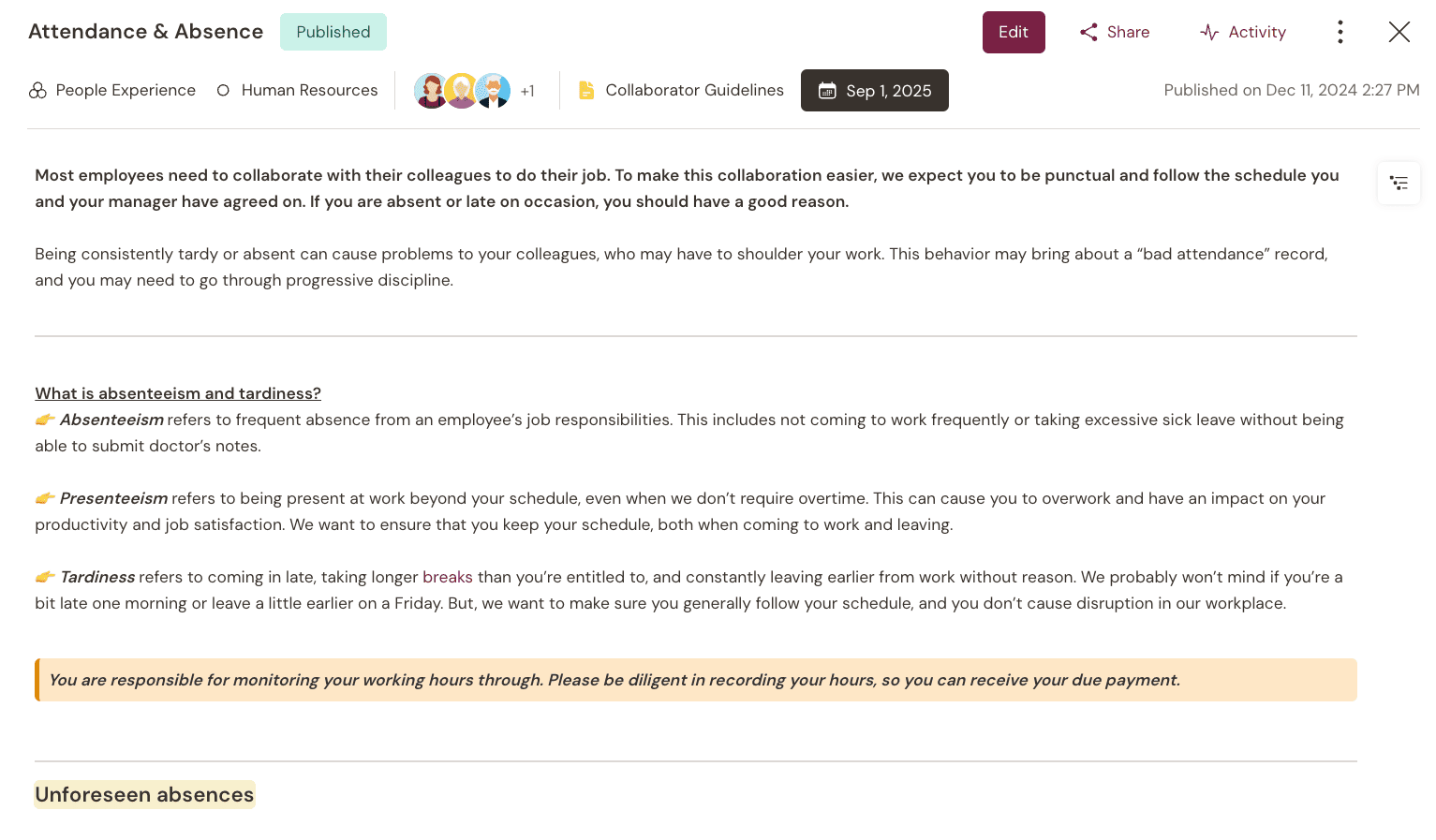 Documenting a company’s attendance& absence policy on Talkspirit