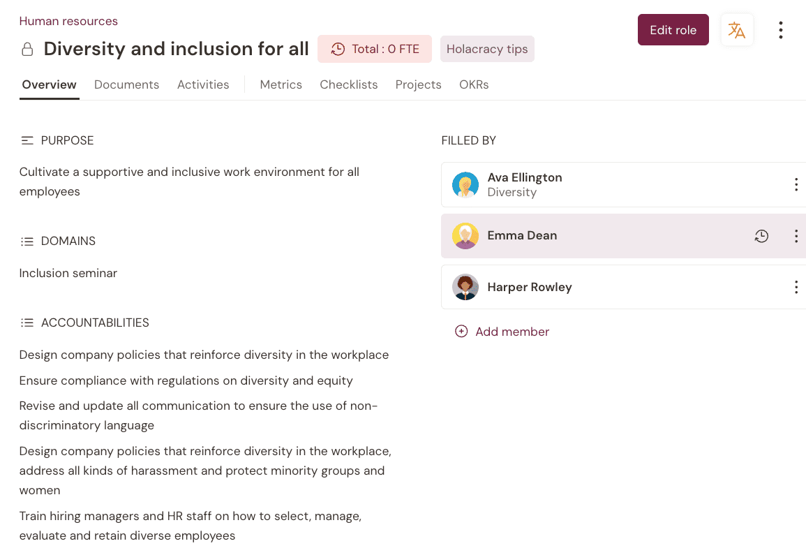 Documenting a diversity & inclusion role on Talkspirit's org chart is a great way to support inclusive leadership behaviors