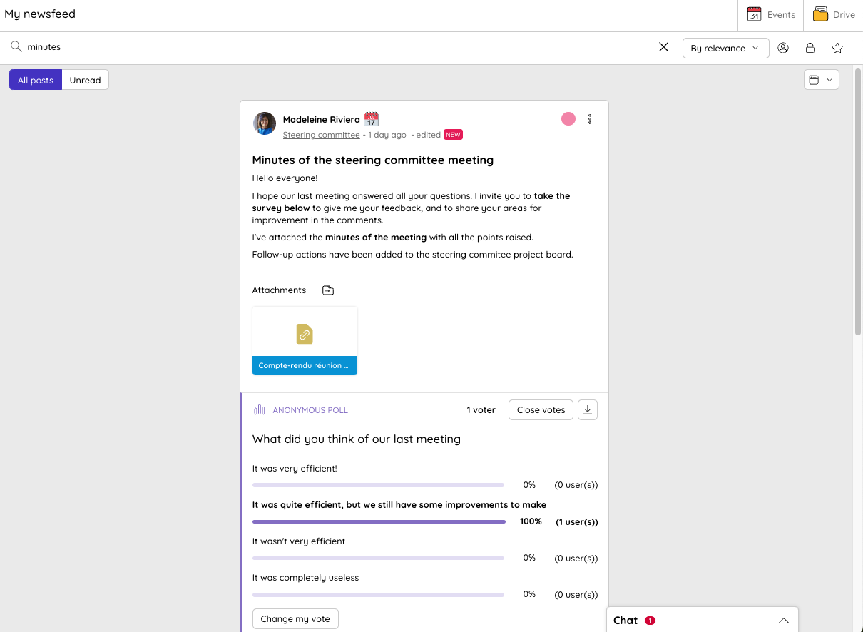 Partage du compte rendu de réunion dans une publication Talkspirit