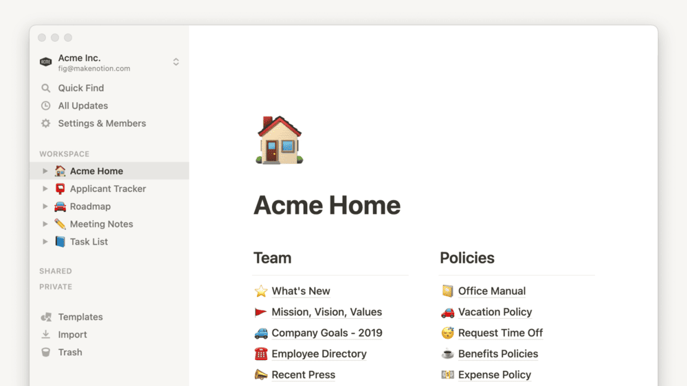 Interface utilisateur de Notion 