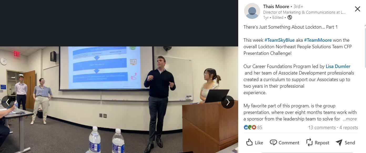 Post LinkedIn de l'équipe Lockton pour mettre en avant leur défi de présentation