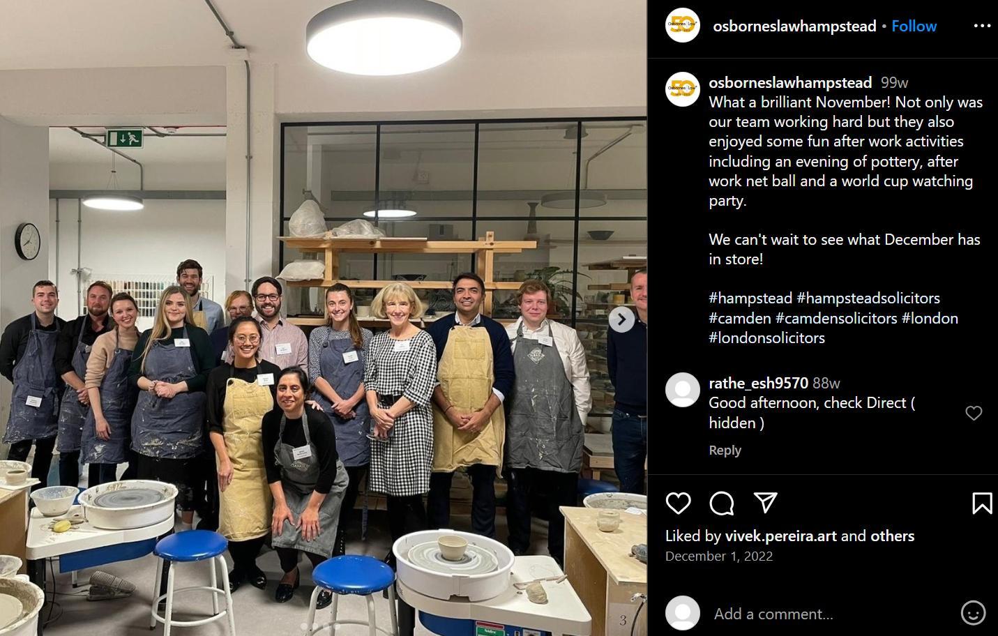 Post Instagram d'Osbornes Law pour mettre en avant leur activité de team building