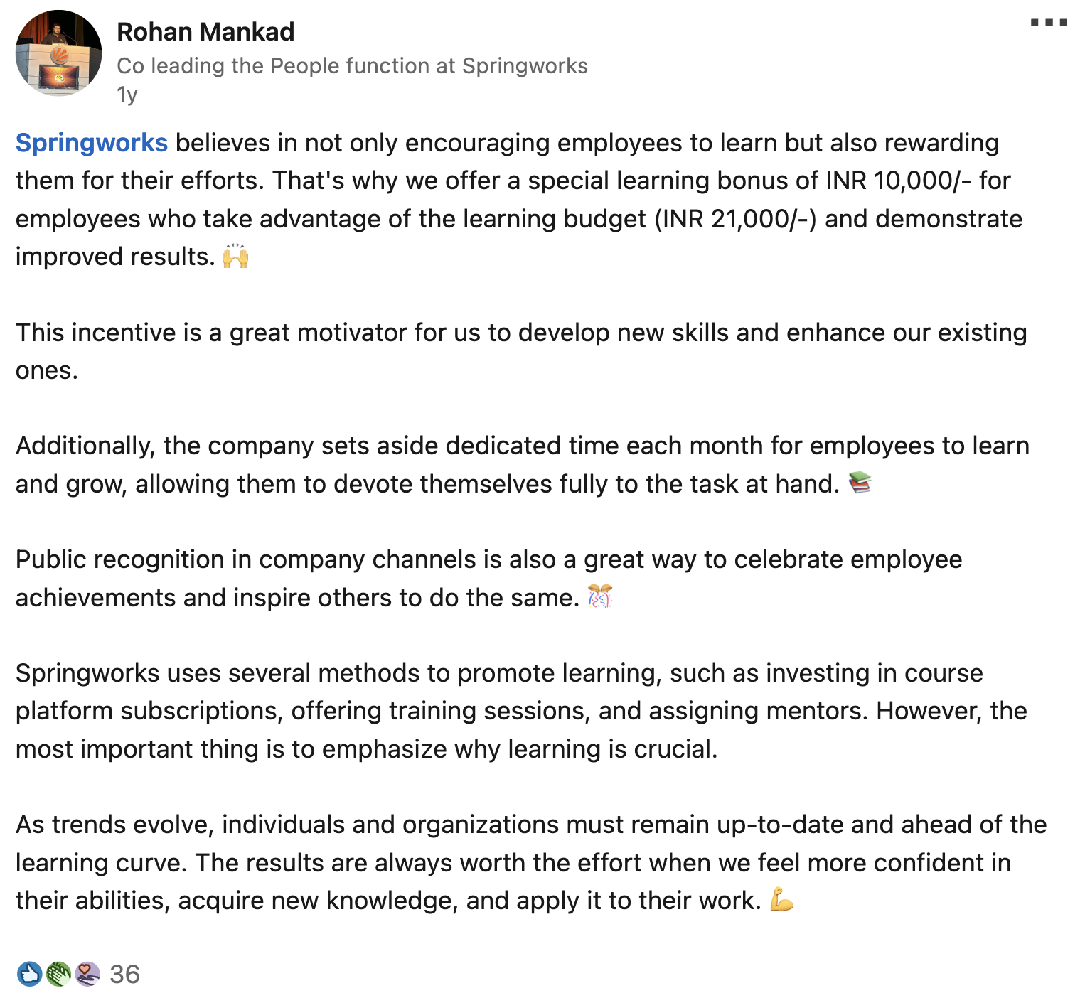 Post LinkedIn de Springworks présentant les investissements de l'entreprise en formation et développement pour lutter contre l'ennui au travail