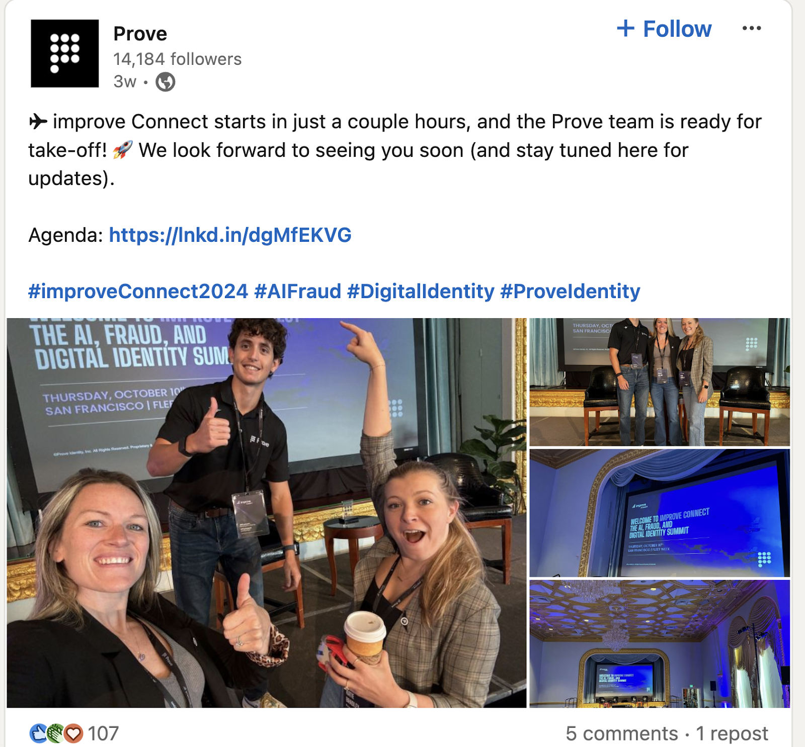 Post LinkedIn publié par Prove pour mettre en avant leur sommet annuel
