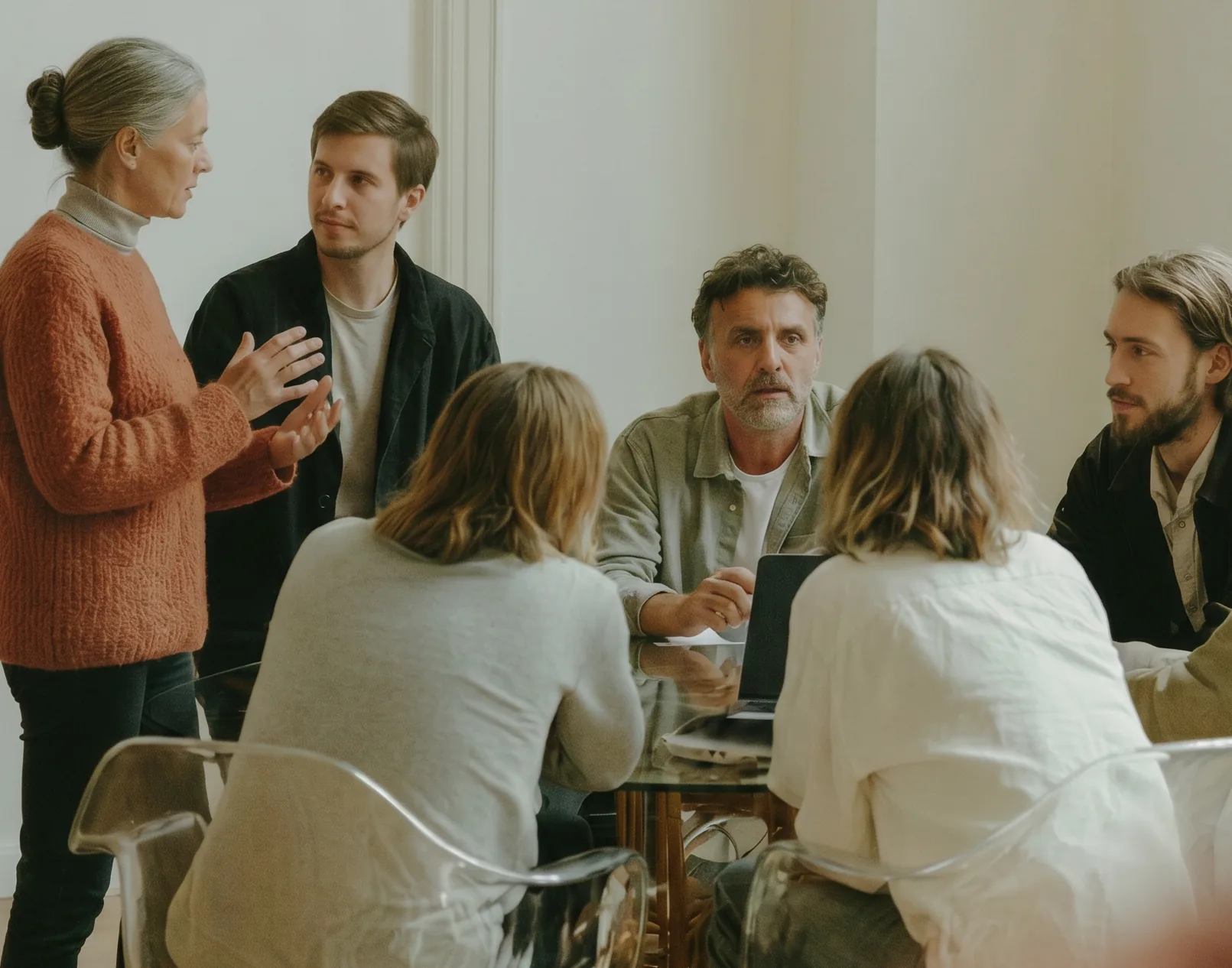 Une équipe en discussion autour d'une table, dans un bureau lumineux