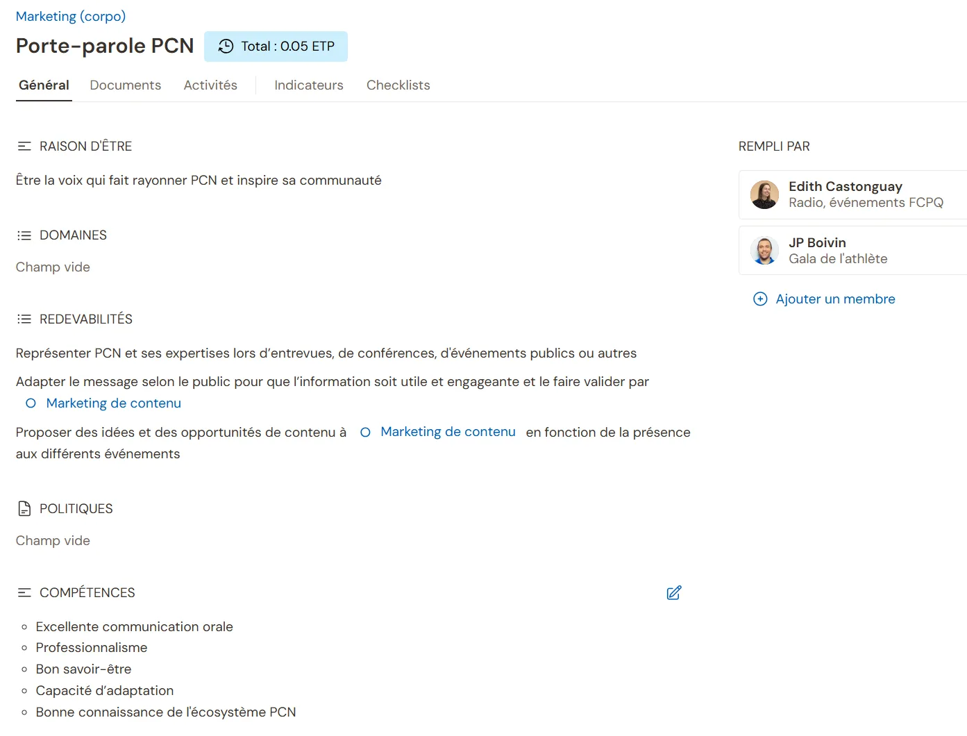 Example of a role at PCN (in French)