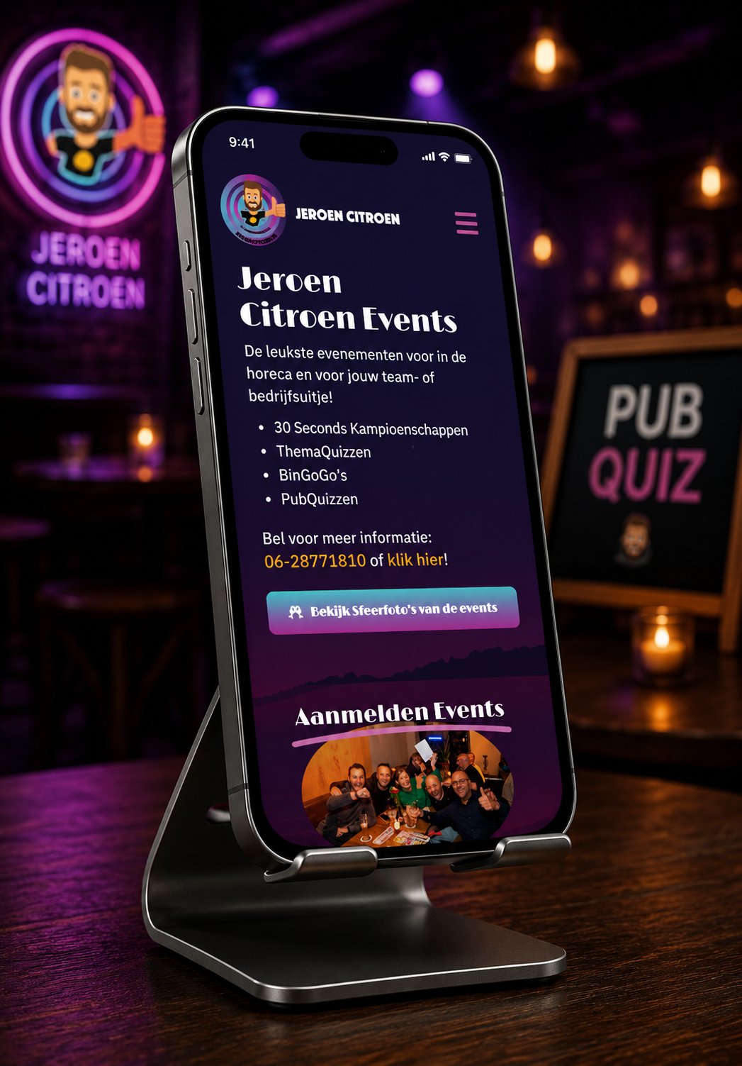 Ontwikkeling van een complete pubquiz branding gecombineerd met website ontwikkeling, online vindbaarheid, agenda beheer en structureel technisch onderhoud.