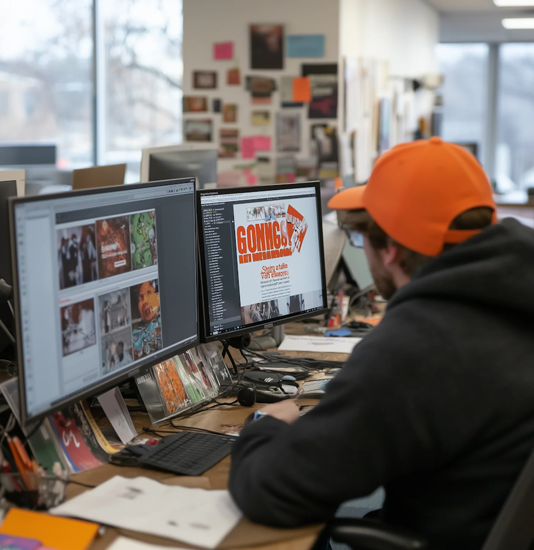 Man wearing an orange cap and glasses working at a desk with two computer monitors displaying graphic design content.