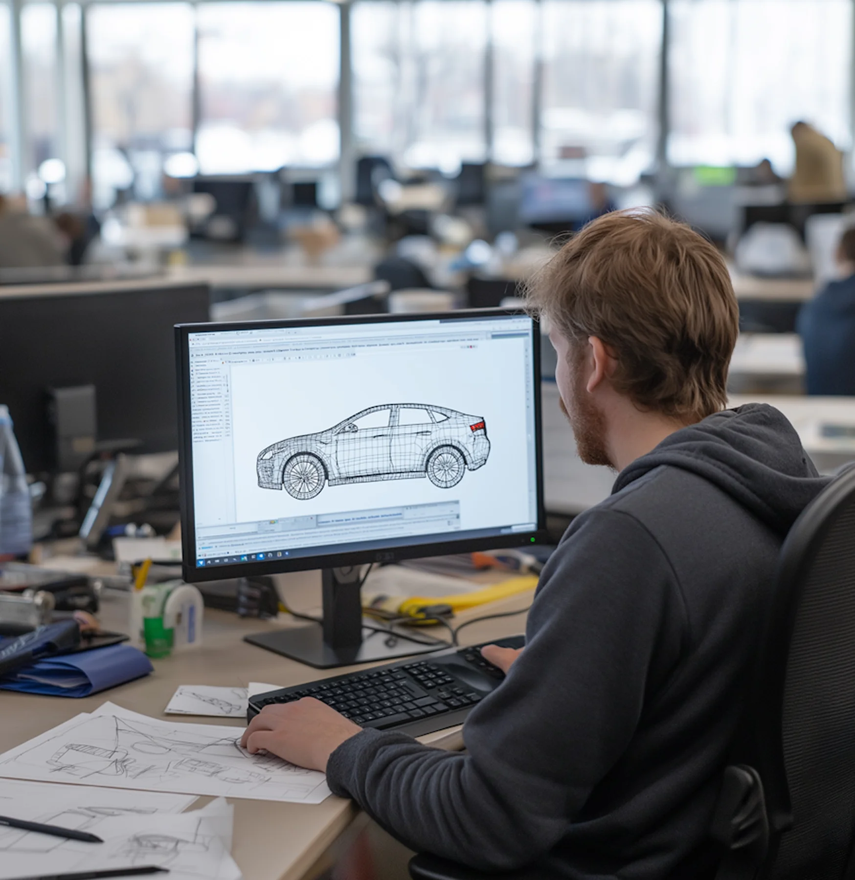 Man working on a computer displaying a 3D wireframe model of a car in an office with sketches on the desk.