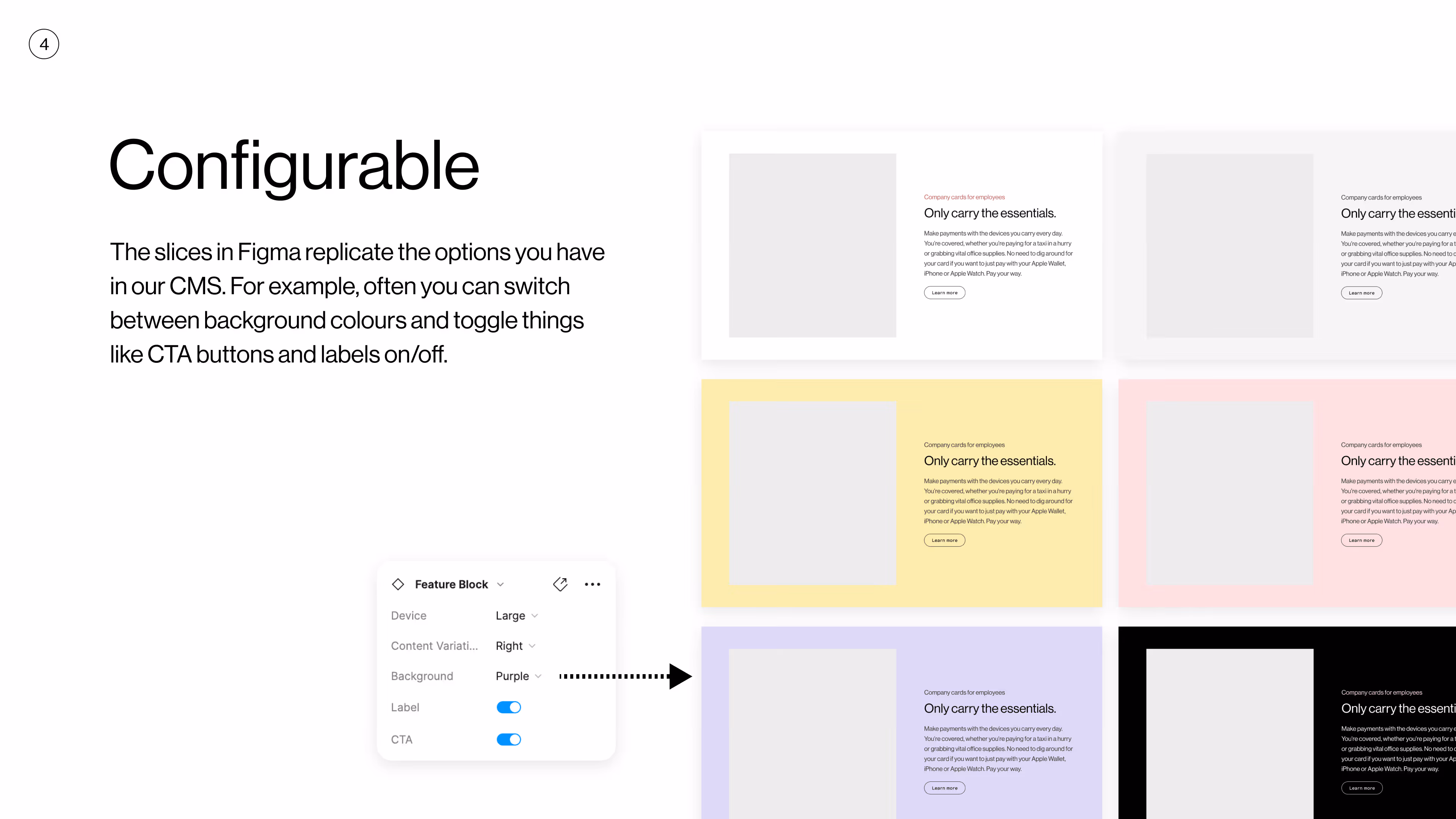 Screenshot showing Figma slices for configurable CMS options with different colored content blocks and toggles for label and CTA buttons.
