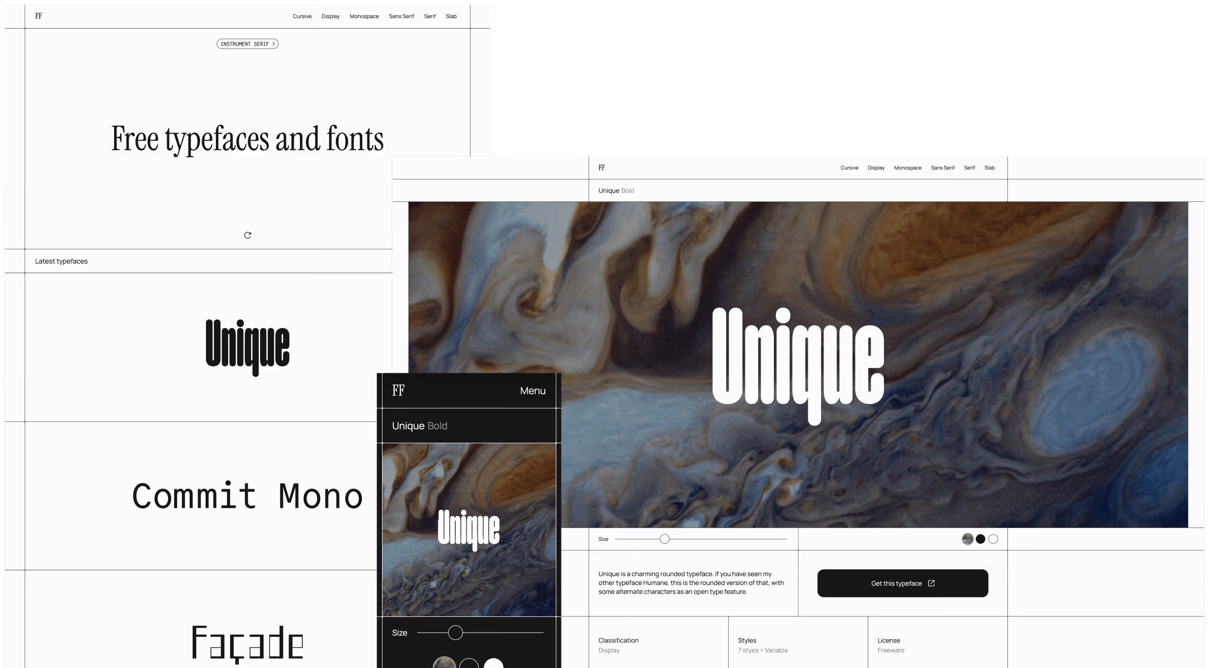 Some screenshots of the Free Faces website, desktop and mobile