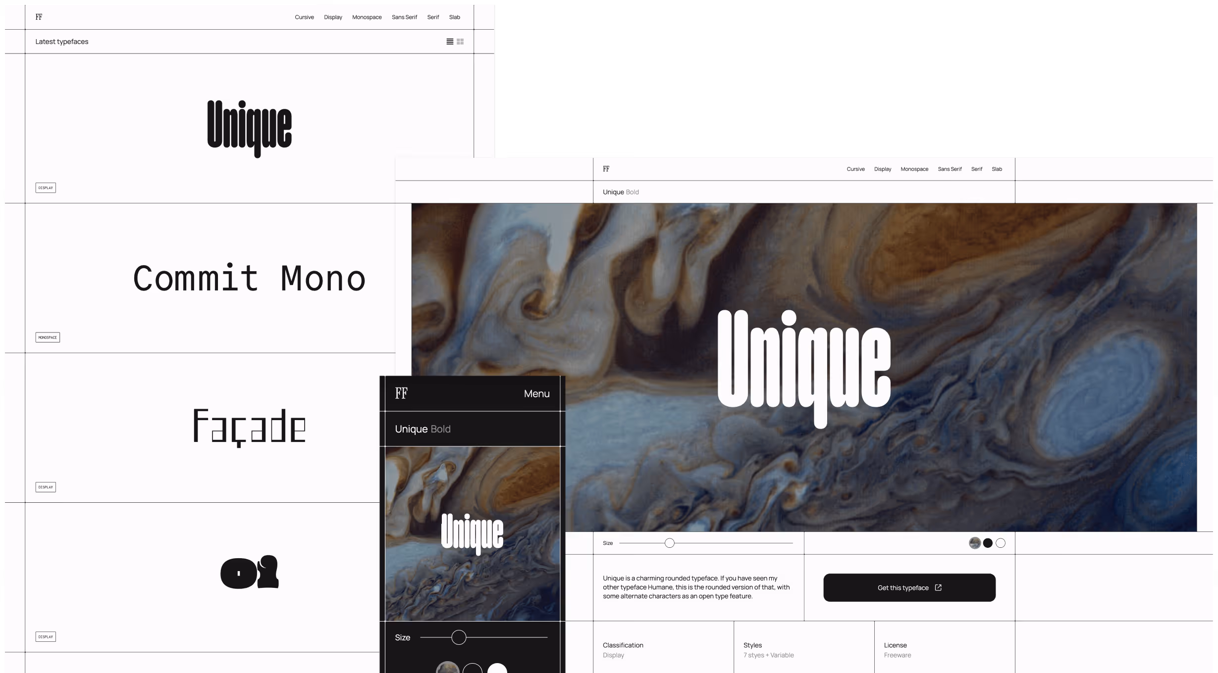 Some screenshots of the Free Faces website, desktop and mobile