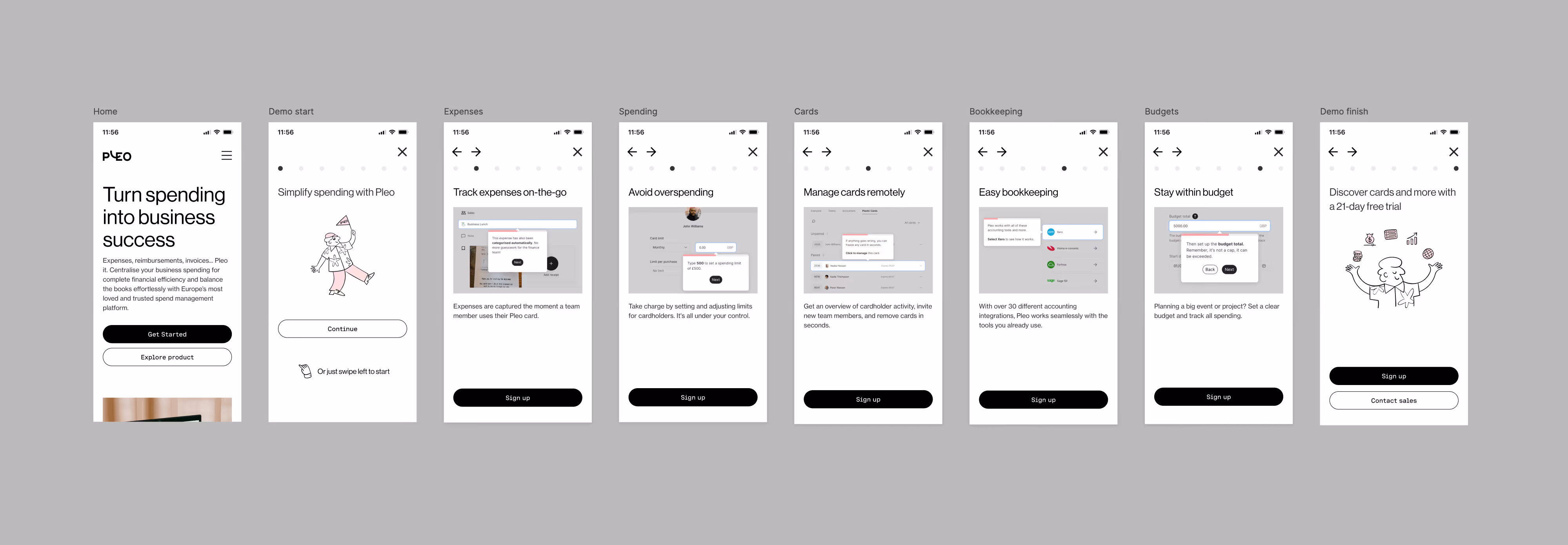 Screenshot of the mobile screen flow for the Pleo interactive demo