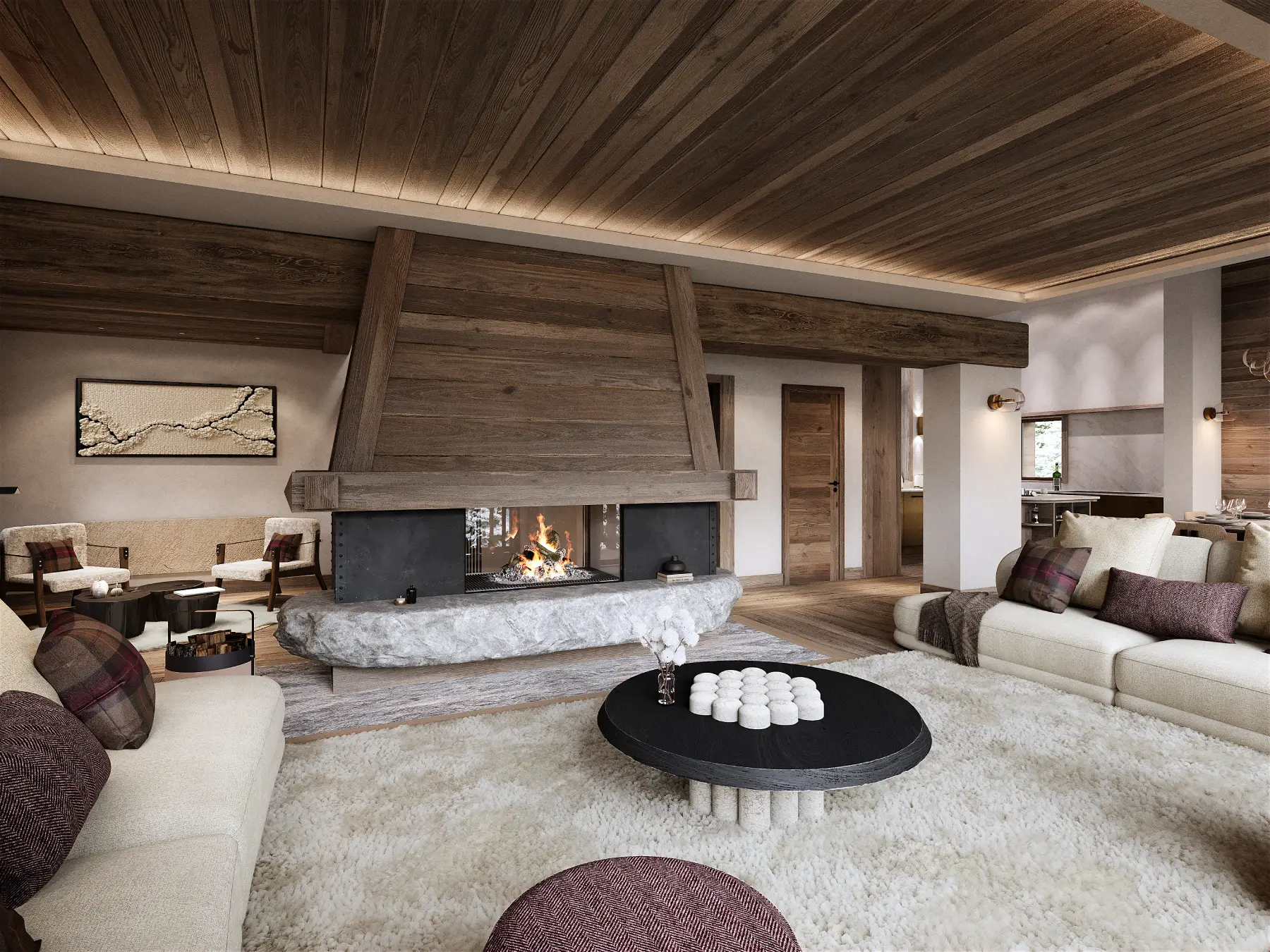 Réalisation Sepia Architecture qui présente le salon d'un chalet haut de gamme