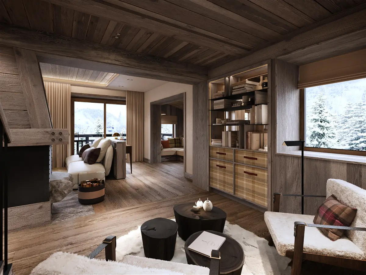 Image d'illustration pour le service design et esthétique qui représente un intérieur moderne en bois dans une ambiance chalet de montagne