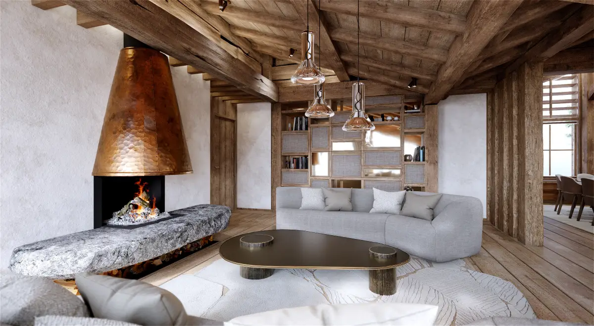 Chalet E, à Courchevel 1850, intérieur ambiance chalet, poutres en bois au plafond