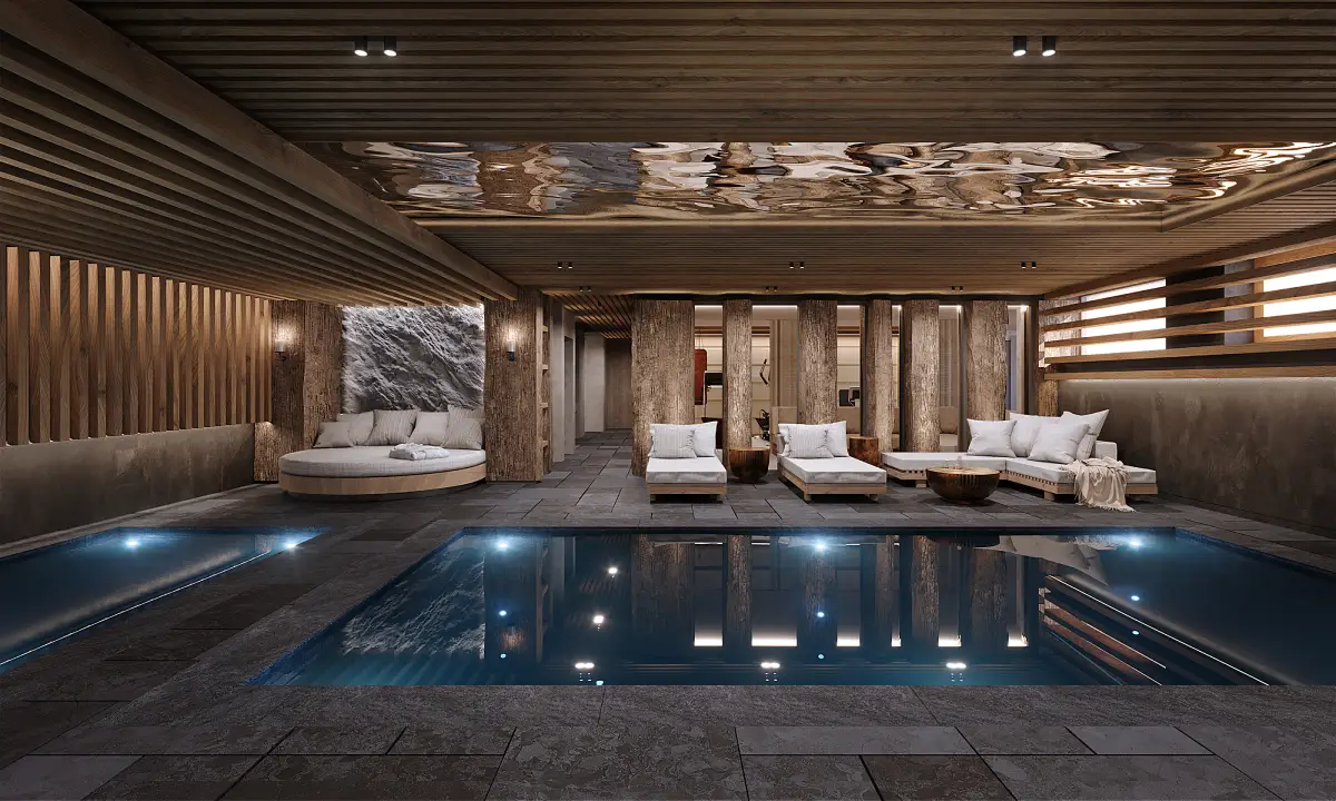 Chalet E, à courchevel, piscine intérieure dans une ambiance chalet de montagne avec les plafonds et murs en matériau bois