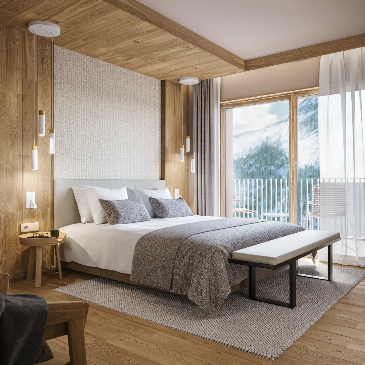 WOM, Tignes, intérieur chambre moderne et épuré avec des matériaux bois pour les sols, plafonds et murs