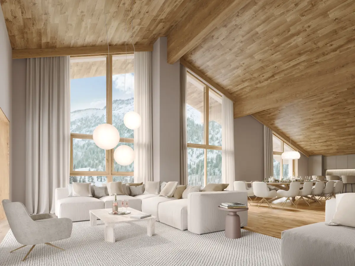WOM, Tignes, grand salon sous les toits avec de grandes baies vitrées donnants sur la montagne, plafond en bois